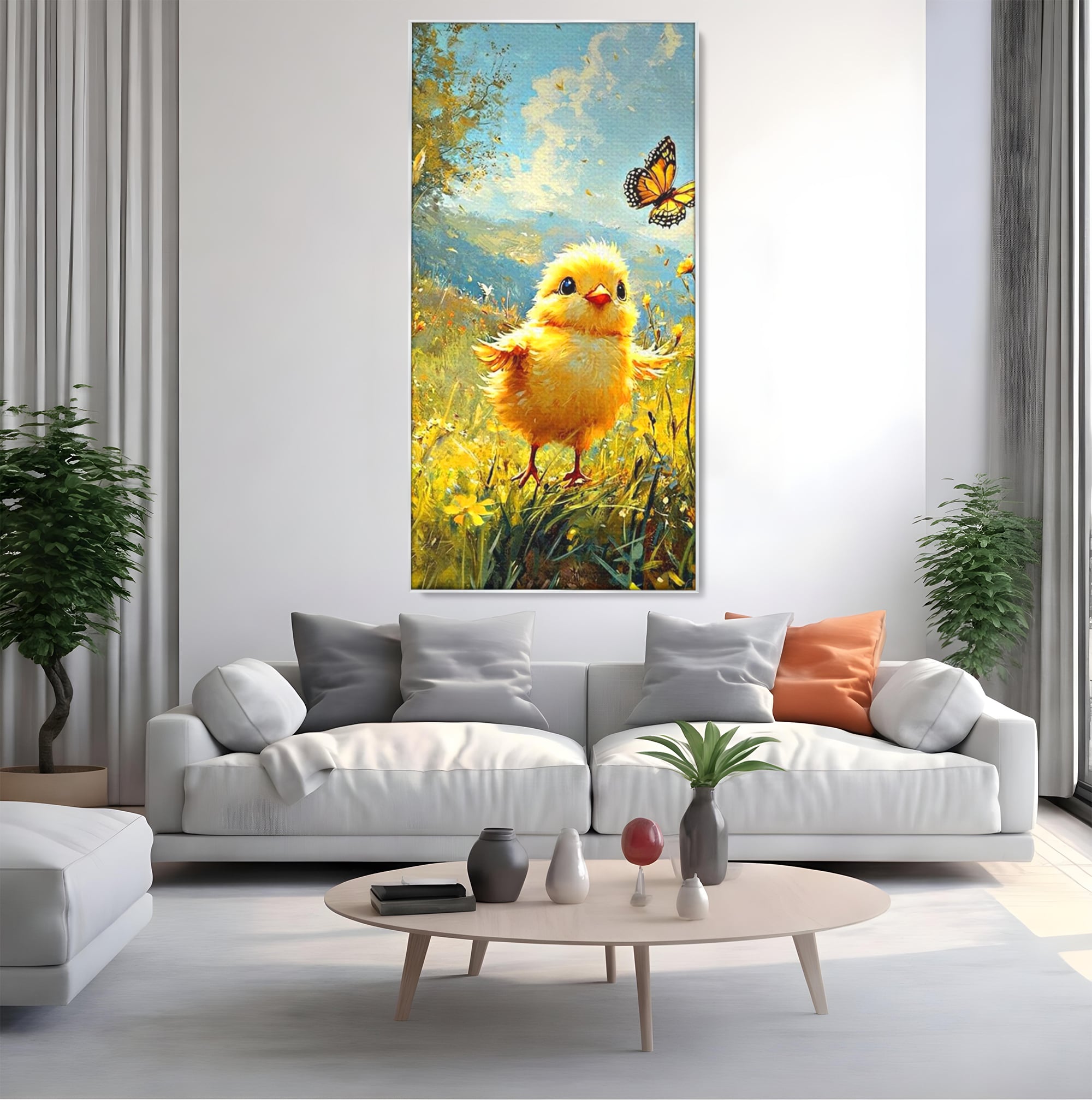 Tablou canvas cu tablou canvas cu pui de pasare si fluture, in rama de aluminiu argintiu, pe perete intr-un living